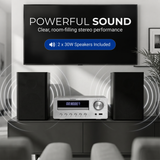 SoundBeast® CD Player Radio Stereo Shelf System with Two 30W Bookshelf Speakers | Bluetooth, Optical, & Aux Input | FM Radio | USB Playback | Alarm Clock | Remote Control