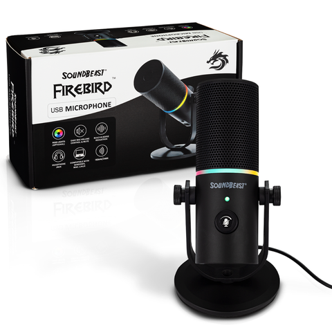SoundBeast Firebird USB Microphone | With Volume Control, Noise Reduction Mode, RGB Lighting, Headphone Jack | For Gaming, Podcasting, Singing, Video Production, & More | For Computers