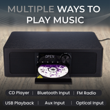 Stereo Shelf System | CD Player, Bluetooth, FM Radio, USB Playback, Aux in, Optical in, Alarm Clock, & Remote Control