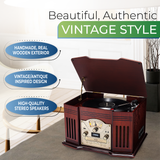 All-in-One Vintage-Style Turntable | 3-Speed Record Player, Bluetooth, CD Player, Cassette Tape Player, AM/FM Radio, Aux In, Headphone Jack, USB Playback & Recording, Built-In Speakers, Handmade Wooden Exterior