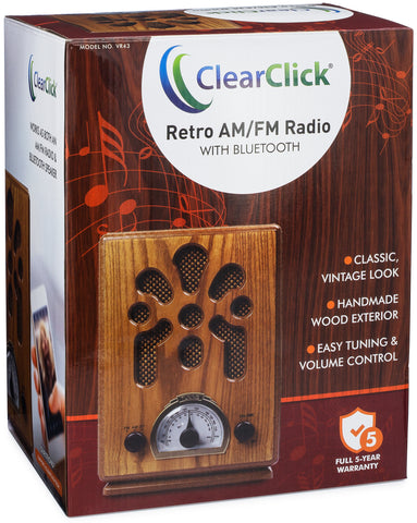 ClearClick Classic Vintage Retro Style AM/FM Radio with Bluetooth, Aux-in,  & USB - Handmade Wooden Exterior Dark Brown